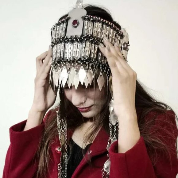 Vintage Turkman Tribal Kuchi Matha Patti, Ethnic Head Piece With Long Dangling - Picture 2 of 9